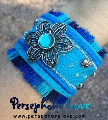 Blue embroidered beaded upcycled denim bracelet-1153