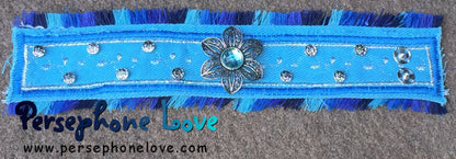 Blue embroidered beaded upcycled denim bracelet-1153