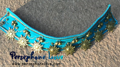 TWO Blue/gold embroidered celestial sun upcycled denim bellydance anklets-1156