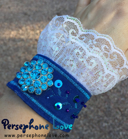 Blue embroidered beaded upcycled denim lace bracelet-1143