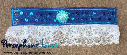 Blue embroidered beaded upcycled denim lace bracelet-1143