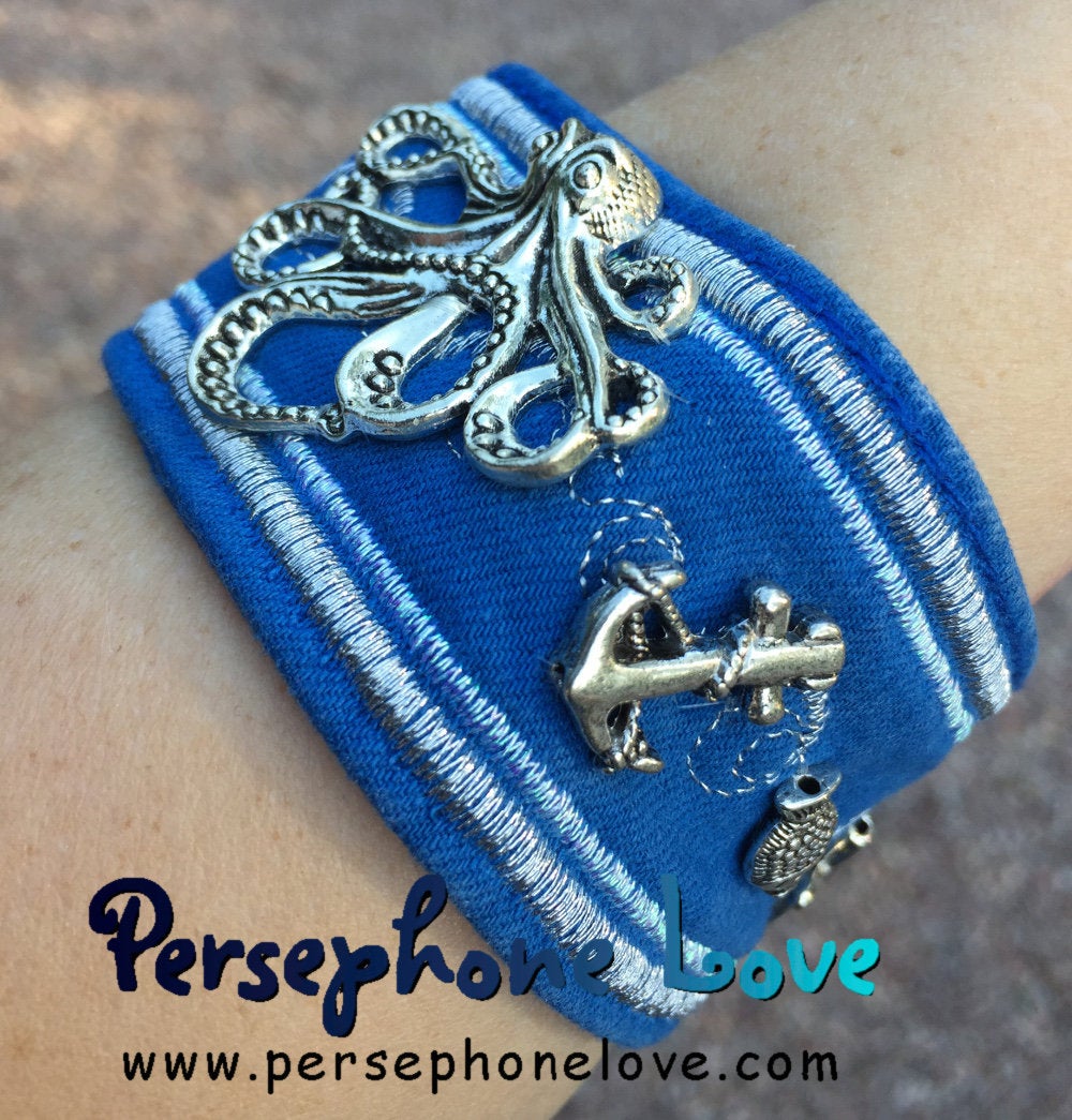 Royal blue silver metallic embroidered beaded upcycled denim bracelet ocean sea charms-1201