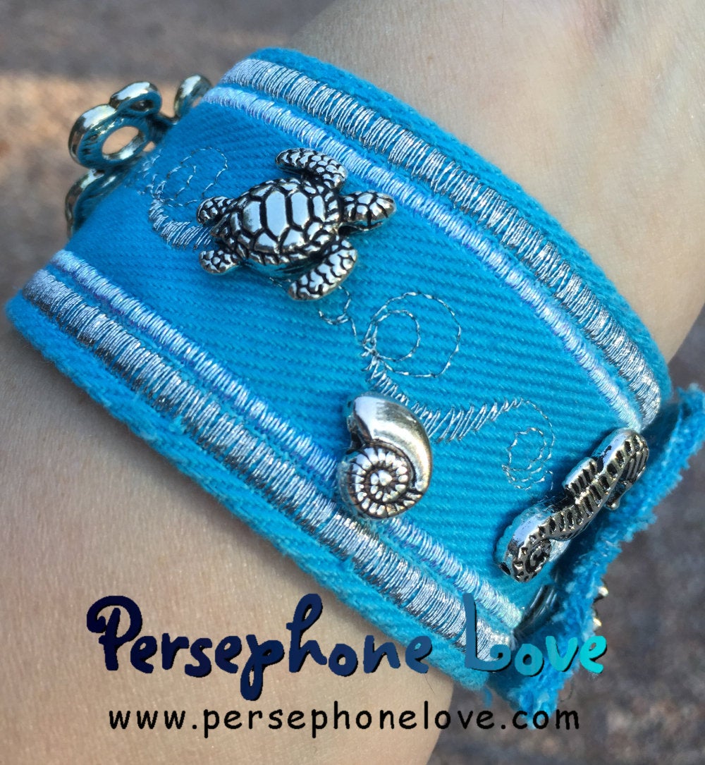 Light blue silver embroidered beaded upcycled denim bracelet ocean octopus sea charms-1162