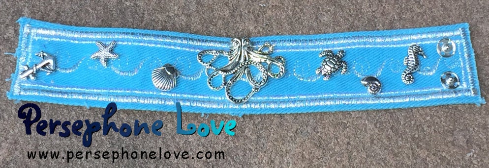 Light blue silver embroidered beaded upcycled denim bracelet ocean octopus sea charms-1162