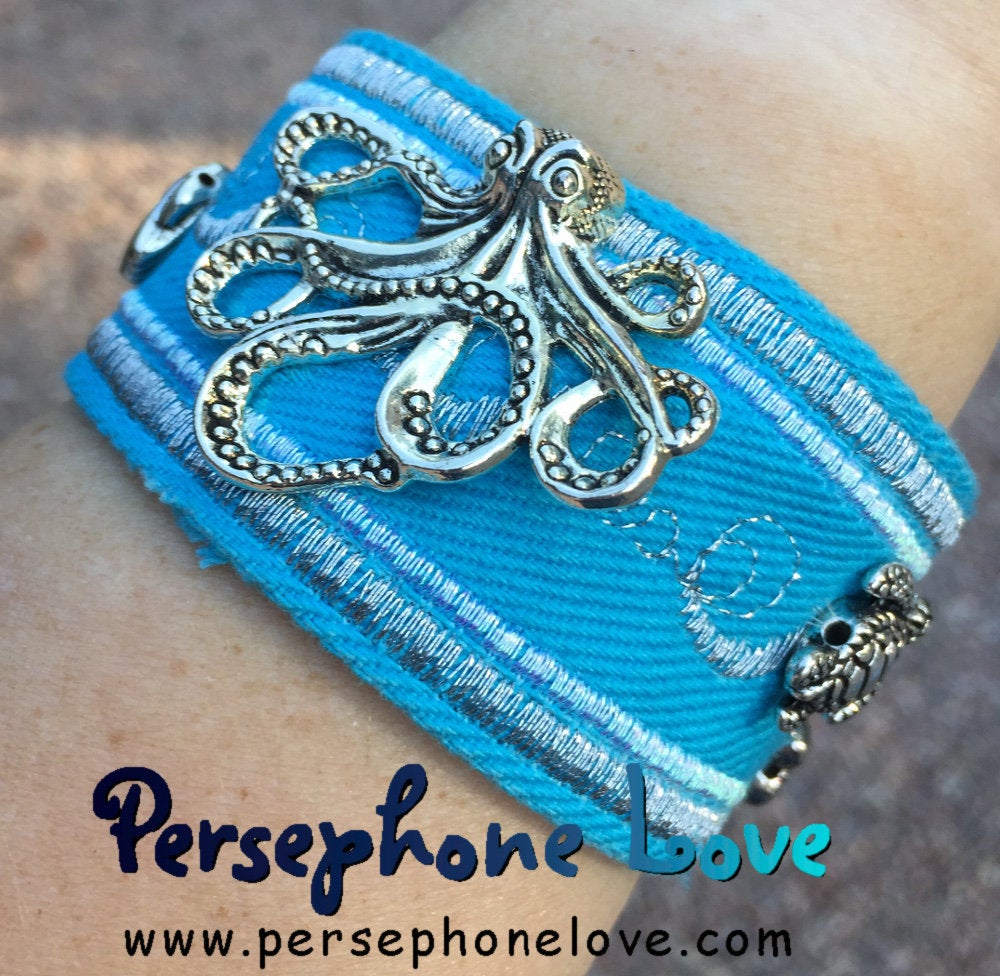 Light blue silver embroidered beaded upcycled denim bracelet ocean octopus sea charms-1162