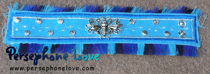 Blue silver embroidered beaded upcycled denim bracelet honeybee charm fringe-1163