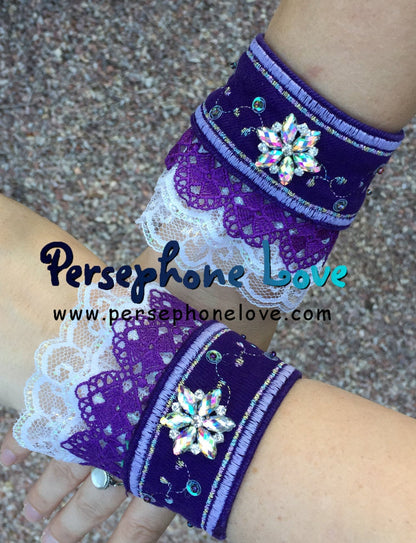 TWO Purple lavender iridescent white embroidered upcycled rhinestone denim bracelets