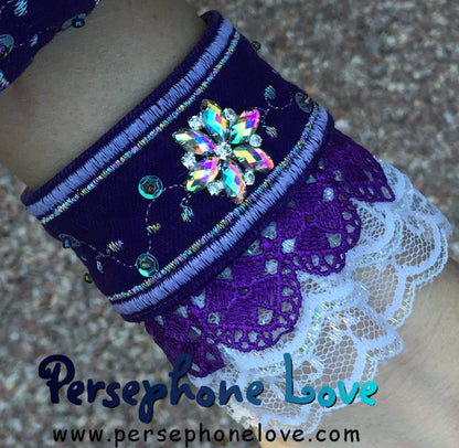 TWO Purple lavender iridescent white embroidered upcycled rhinestone denim bracelets