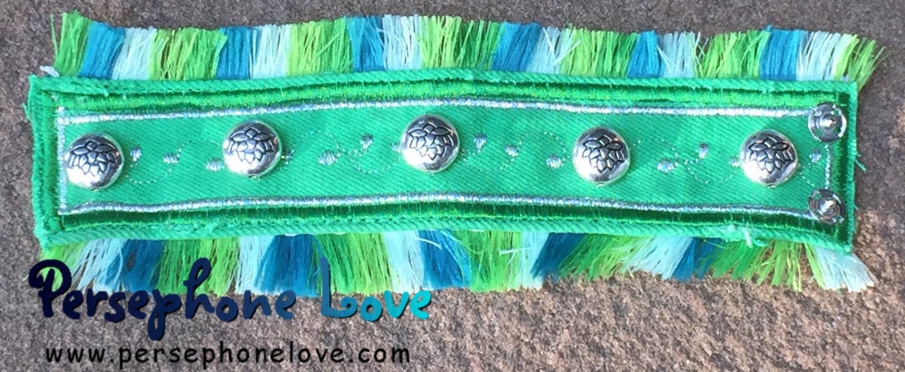 Green /silver metallic embroidered beaded upcycled boho denim bracelet lotus charms-1109