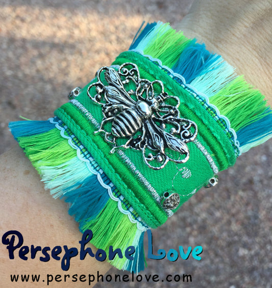 Green silver embroidered beaded upcycled denim bracelet honeybee jewelry fringe-1164