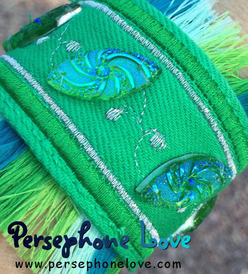 Green /silver metallic embroidered beaded upcycled boho denim bracelet hippie festival-1151