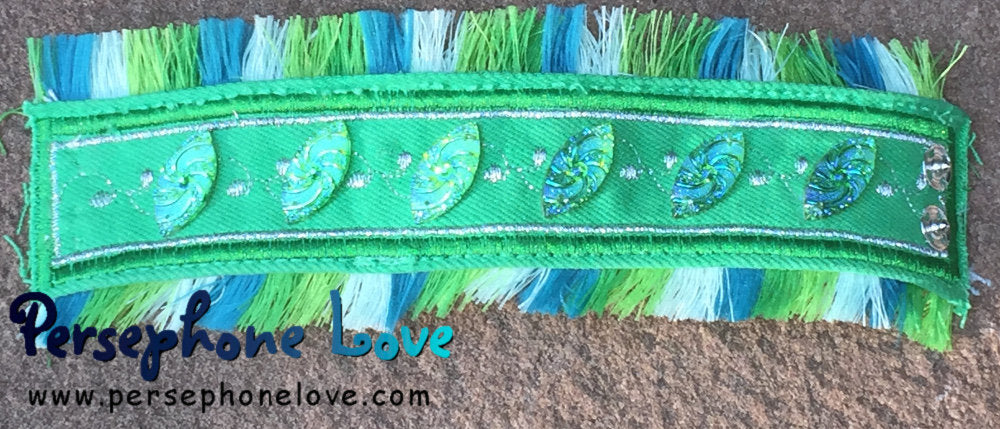 Green /silver metallic embroidered beaded upcycled boho denim bracelet hippie festival-1151