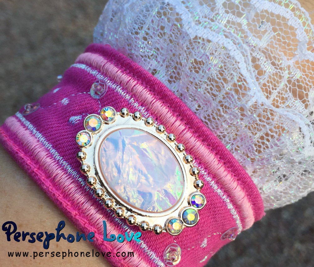 Pink metallic embroidered beaded upcycled denim lace bracelet rococo jewelry-1202