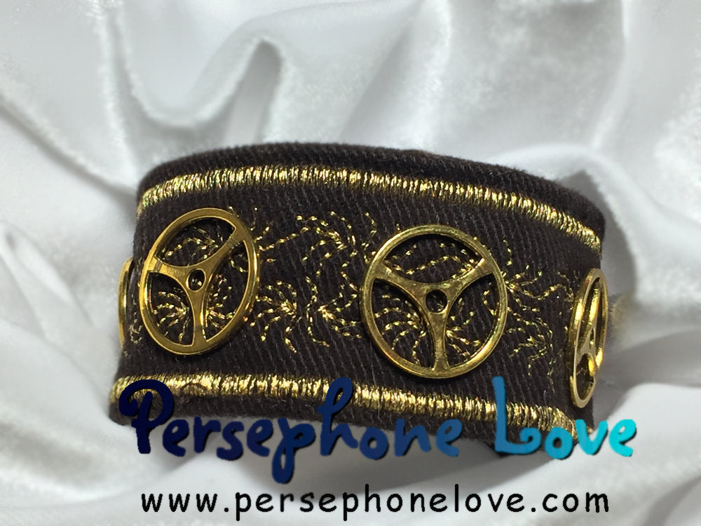 Brown gold metallic embroidered steampunk upcycled denim bracelet-1136