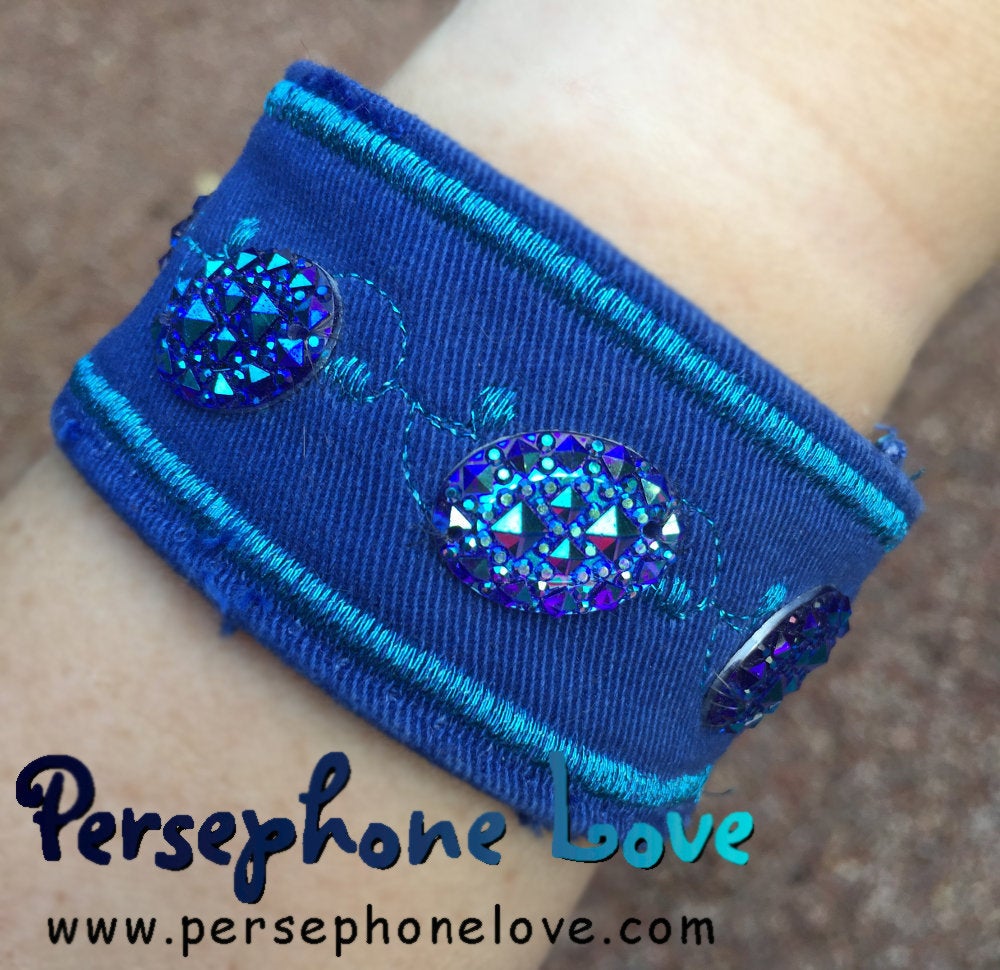 Blue turquoise embroidered upcycled denim bracelet-1135