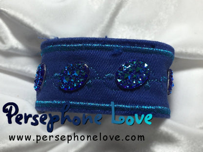 Blue turquoise embroidered upcycled denim bracelet-1135