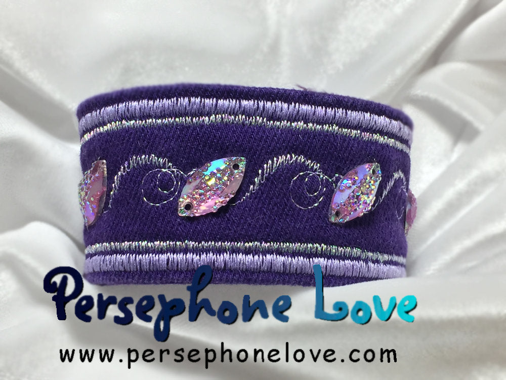 Purple, lavender and iridescent white/silver embroidered upcycled denim bracelet-1122