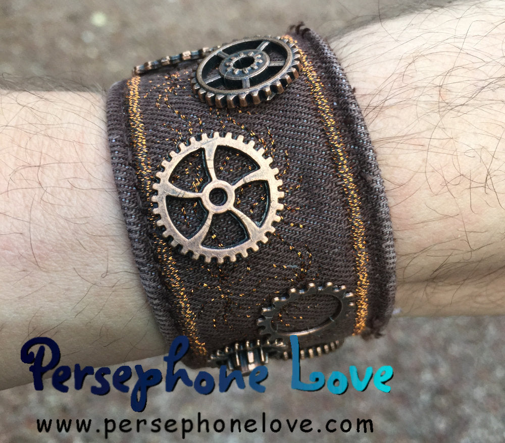 Brown copper metallic embroidered steampunk gear upcycled denim bracelet-1148