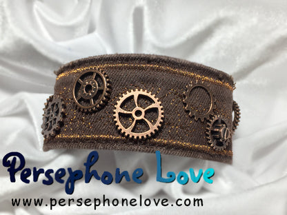 Brown copper metallic embroidered steampunk gear upcycled denim bracelet-1148