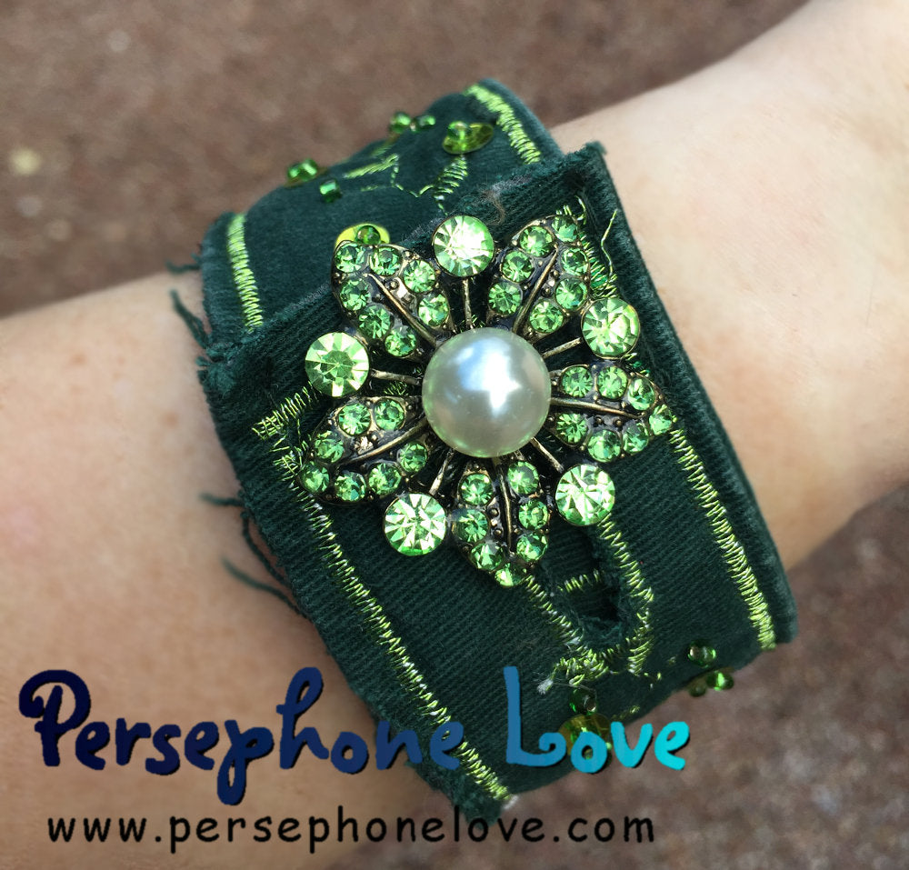 Green metallic embroidered upcycled denim bracelet-1126