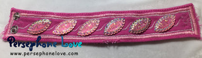 Pink embroidered beaded upcycled  denim bracelet-1123