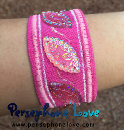 Pink embroidered beaded upcycled  denim bracelet-1123
