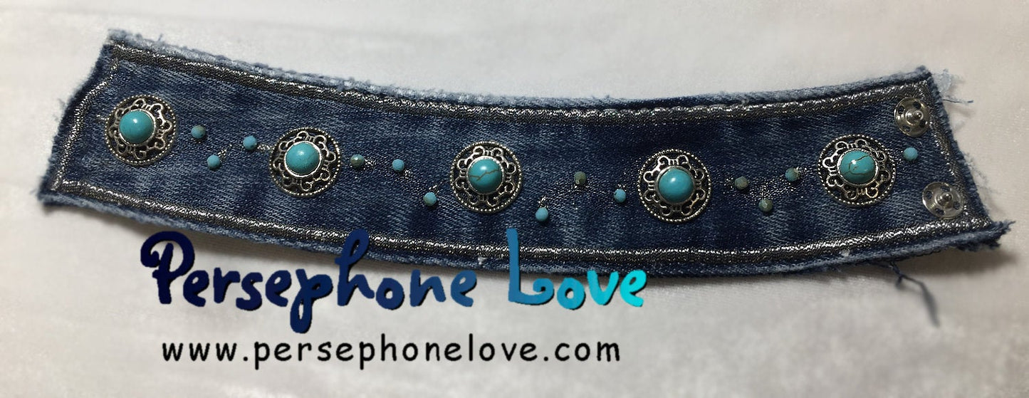 Blue, pewter turquoise embroidered upcycled denim bracelet-1119