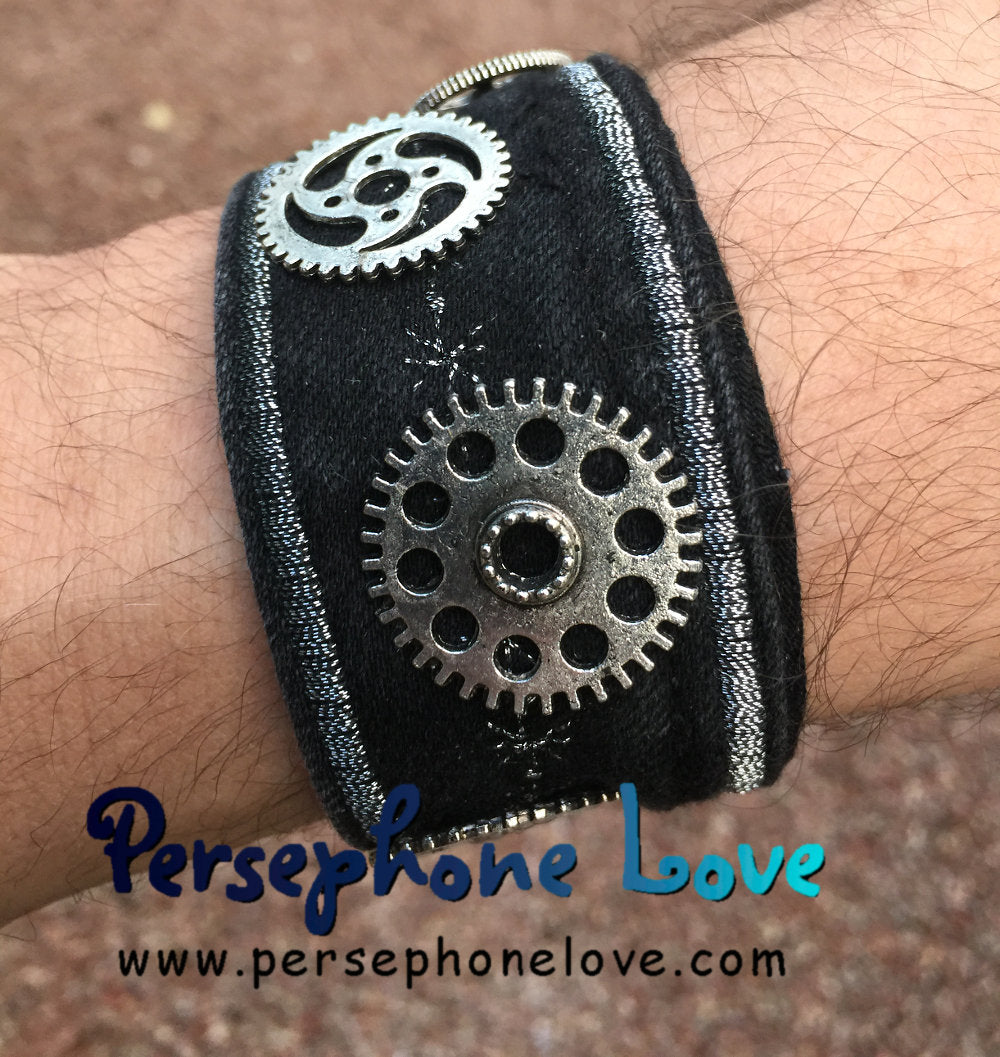 Black silver gear steampunk biker industrial upcycled denim bracelet-1146