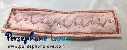 Peach embroidered beaded upcycled  denim bracelet-1133