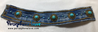 Blue gold turquoise  beaded/embroidered upcycled denim bracelet-1120