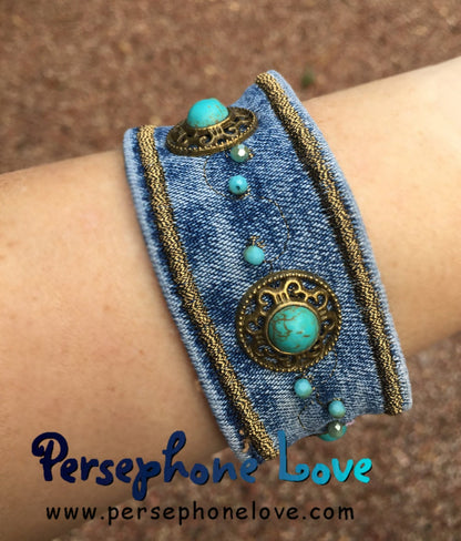 Blue gold turquoise  beaded/embroidered upcycled denim bracelet-1120