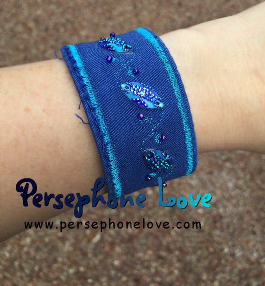 Blue turquoise embroidered upcycled denim bracelet-1101