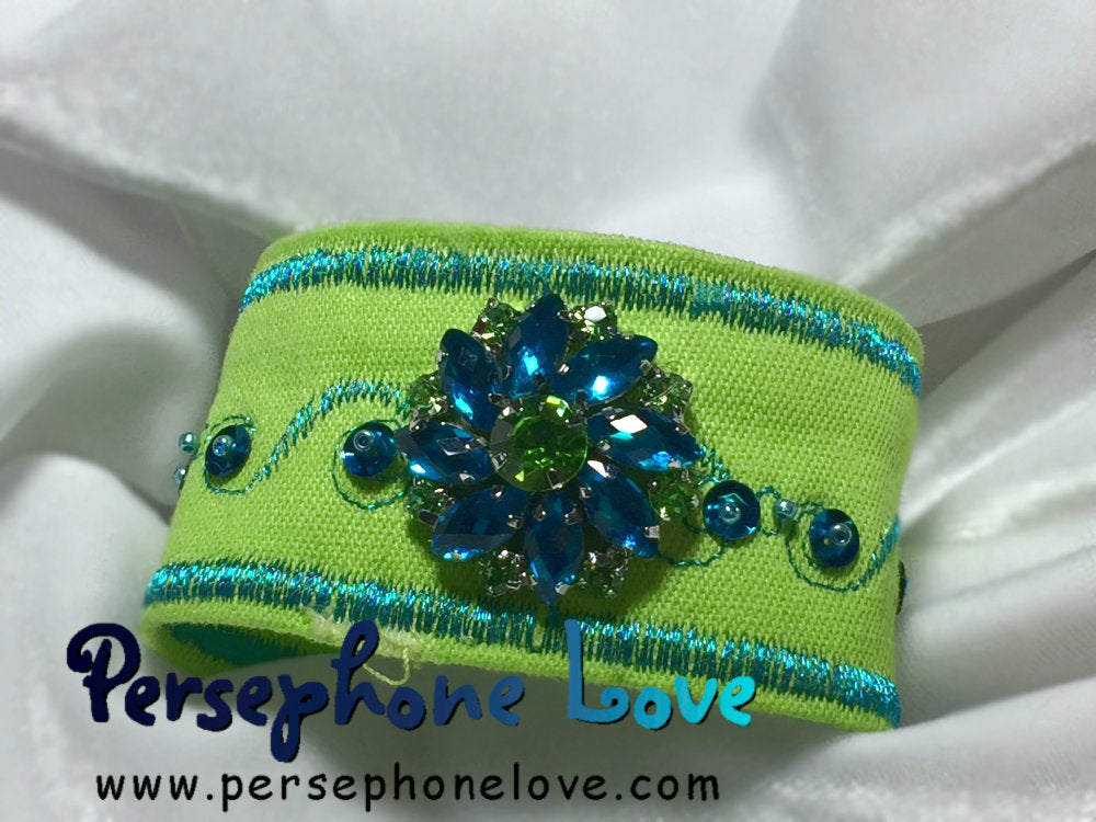 Lime green teal embroidered upcycled denim bracelet rhinestone - SMALL-1125
