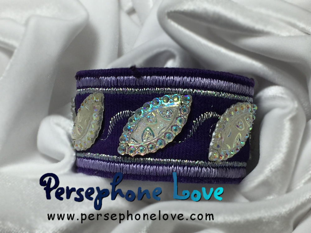 Purple, lavender and iridescent white/silver embroidered upcycled denim bracelet-1117