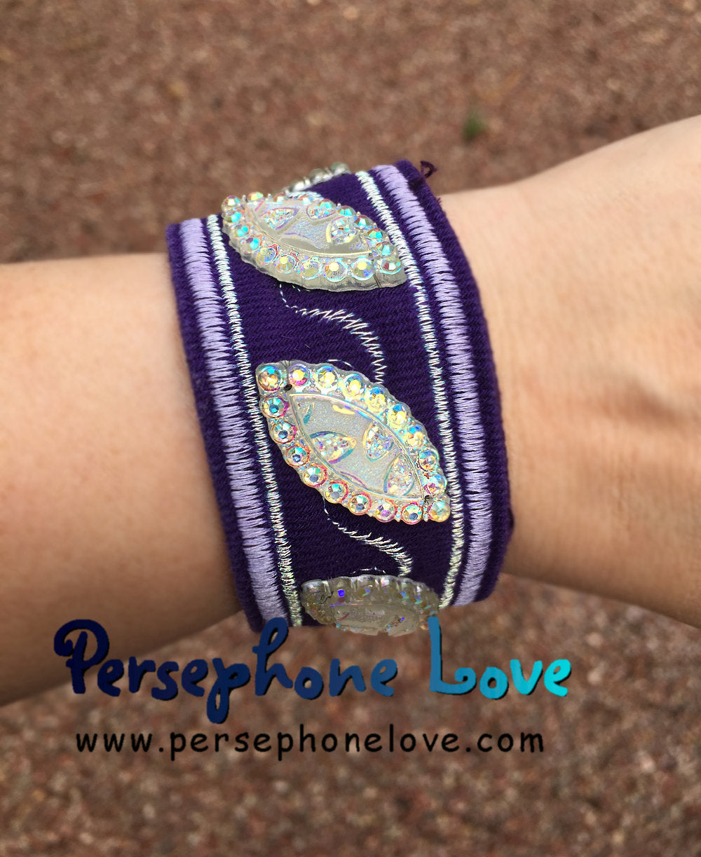 Purple, lavender and iridescent white/silver embroidered upcycled denim bracelet-1117