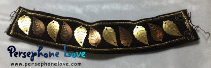 TWO Brown gold metallic embroidered upcycled leaf motif denim cuff bracelets