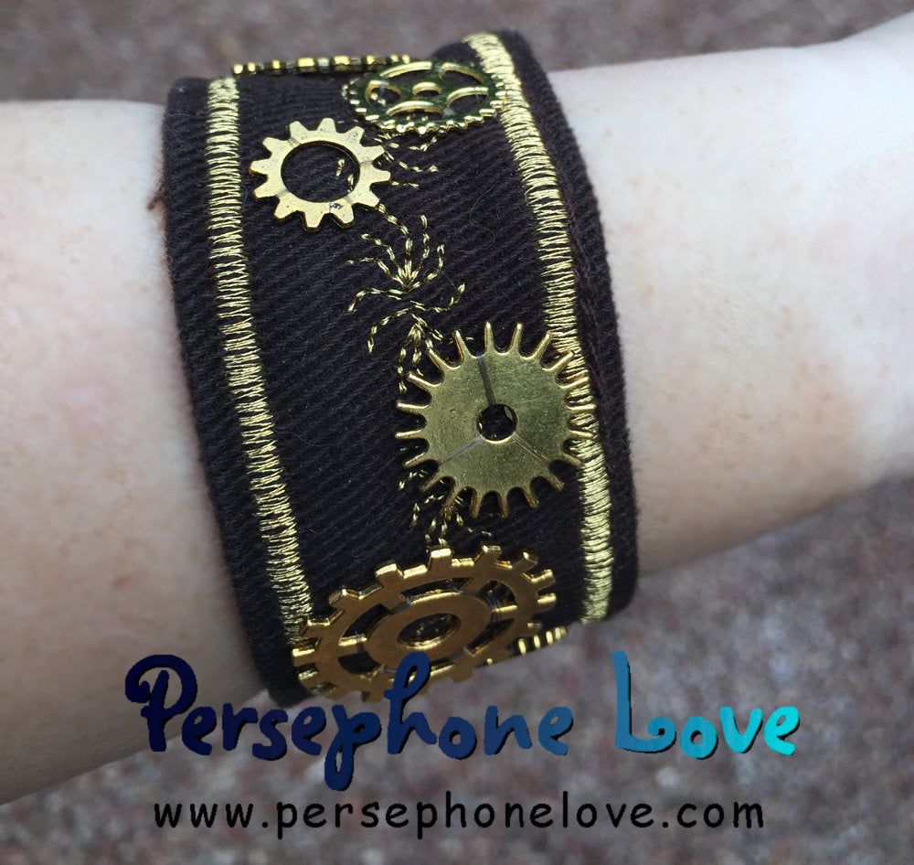 Brown gold metallic embroidered steampunk gear upcycled denim bracelet-1116