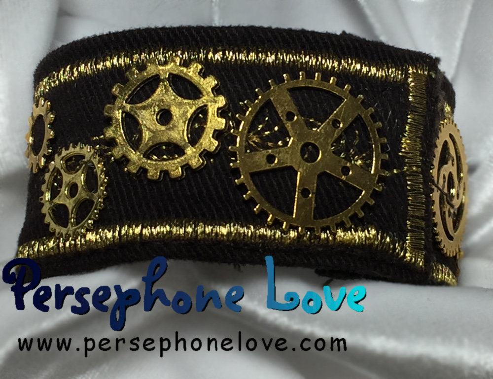 Brown gold metallic embroidered steampunk gear upcycled denim bracelet-1116