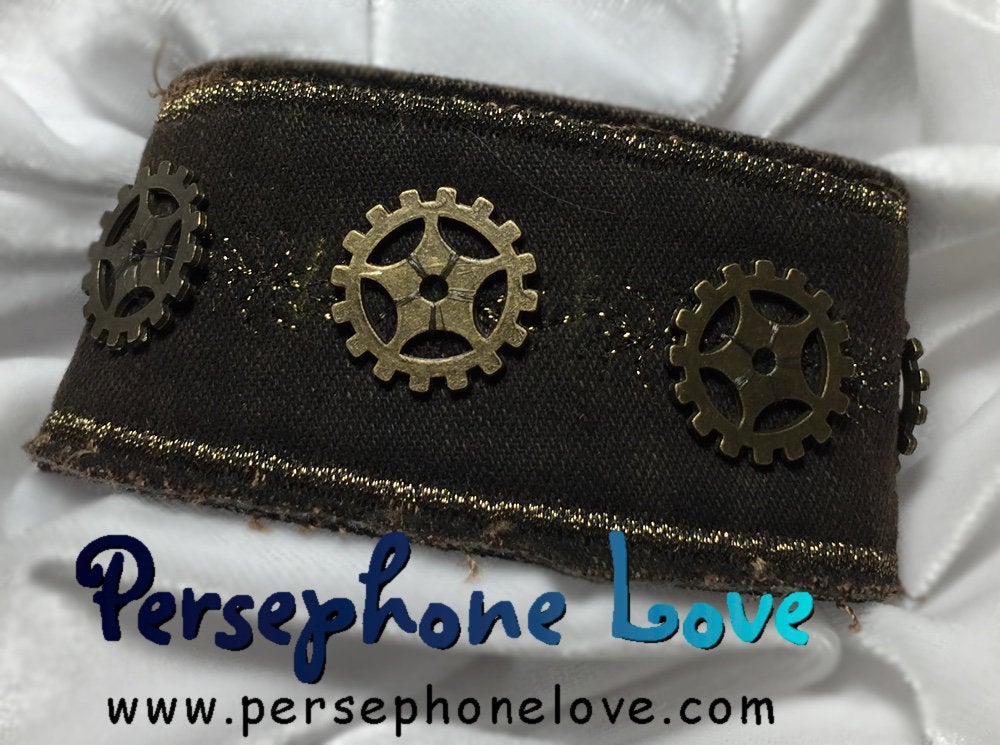 Brown antique gold metallic embroidered steampunk gear upcycled denim bracelet-1147