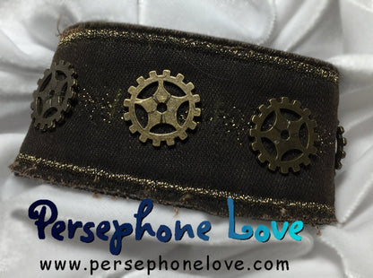 Brown antique gold metallic embroidered steampunk gear upcycled denim bracelet-1147