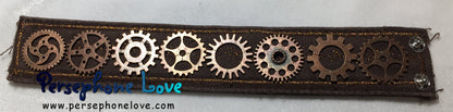 Brown copper metallic embroidered steampunk gear upcycled denim bracelet-1152