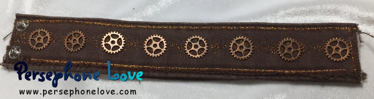 Brown copper metallic embroidered steampunk gear upcycled denim bracelet-1166