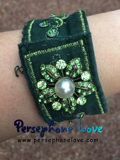 Green metallic beaded upcycled denim bracelet-1105