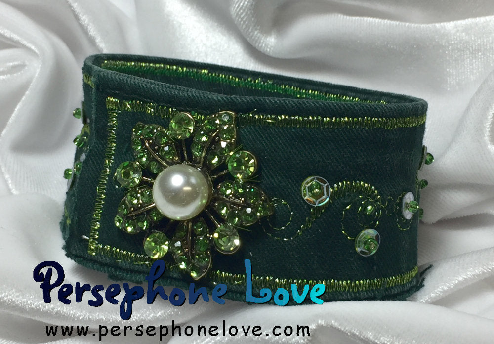 Green metallic beaded upcycled denim bracelet-1105