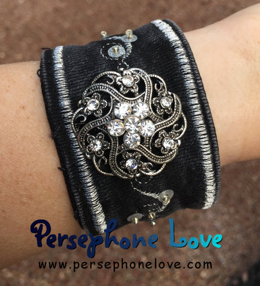 Black silver embroidered upcycled Gothic denim bracelet-1129