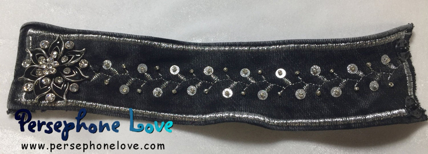 Black silver embroidered upcycled Gothic denim rhinestone bracelet-1108