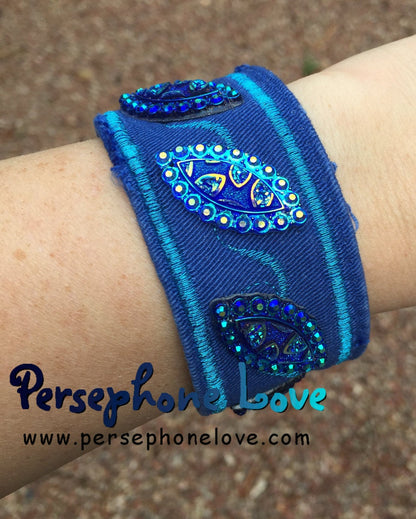 Blue turquoise embroidered upcycled denim bracelet-1102