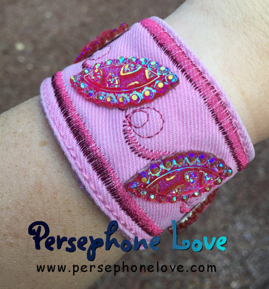 Pink embroidered beaded upcycled denim bracelet-1118