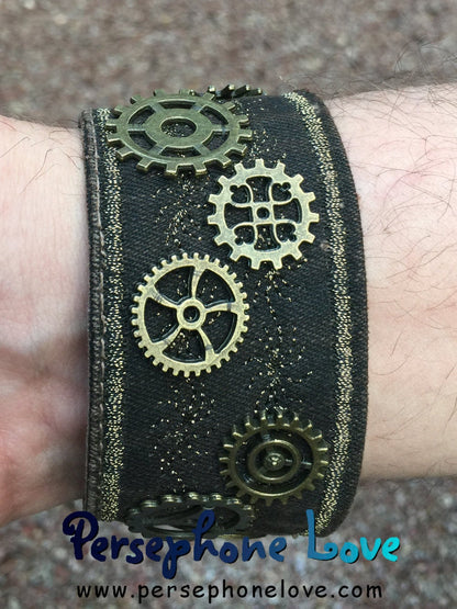 Brown antique gold metallic embroidered steampunk gear upcycled denim  bracelet-1114