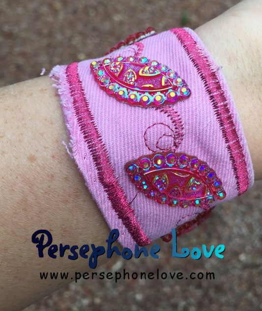Pink embroidered beaded upcycled denim bracelet-1141